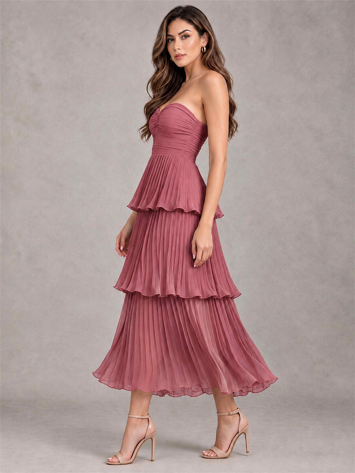 Elegant Strapless A-Line Pleated Tiered Midi-Length Wedding Guest Dress
