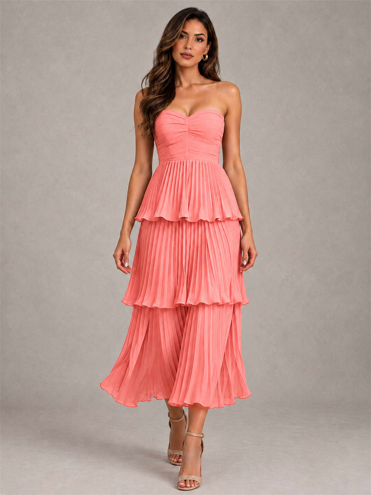 Elegant Strapless A-Line Pleated Tiered Midi-Length Wedding Guest Dress