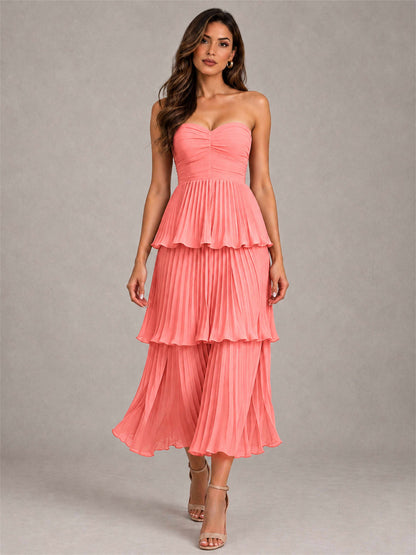 Elegant Strapless A-Line Pleated Tiered Midi-Length Wedding Guest Dress
