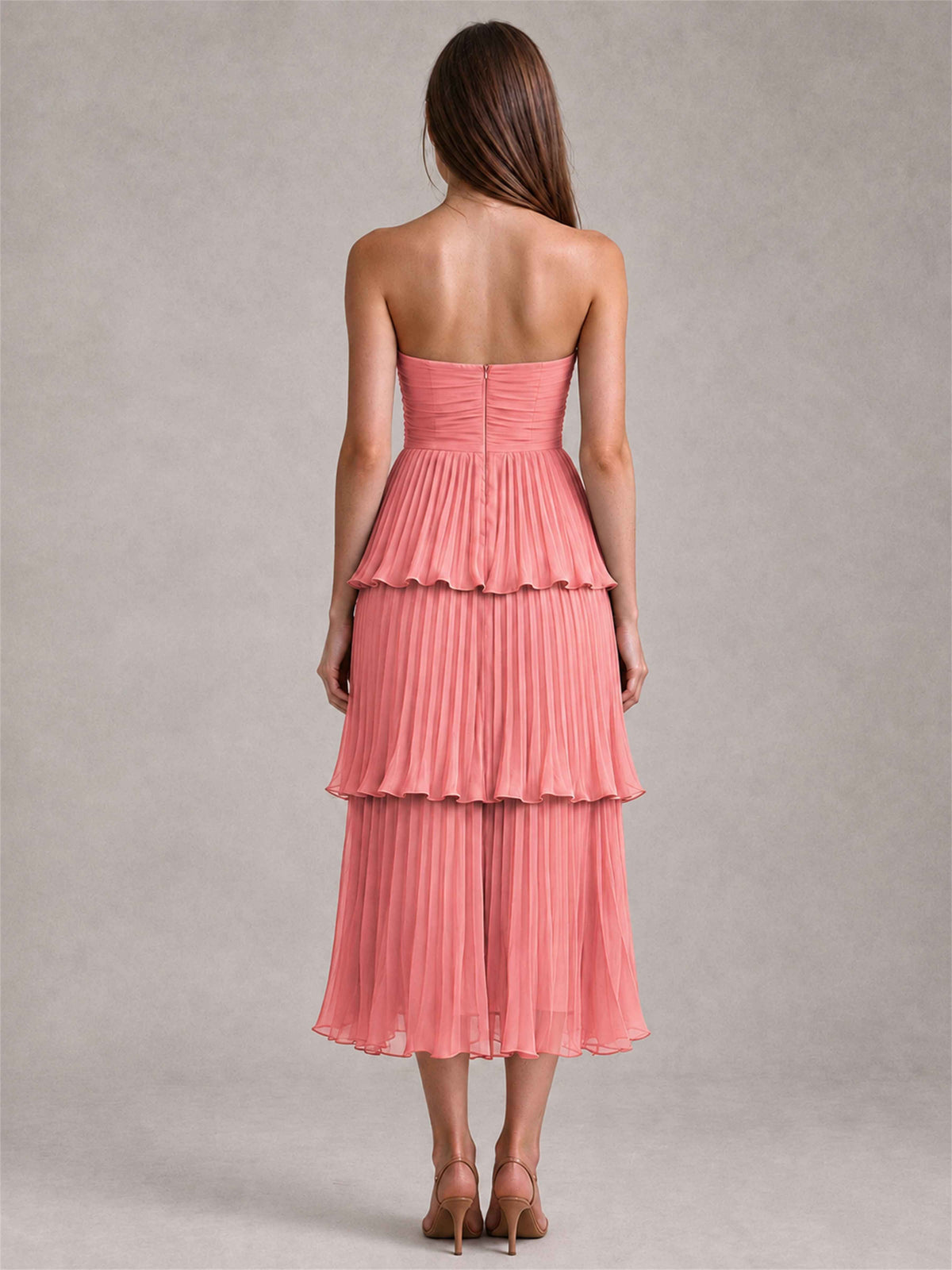 Elegant Strapless A-Line Pleated Tiered Midi-Length Wedding Guest Dress