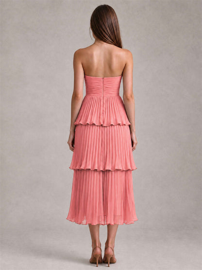 Elegant Strapless A-Line Pleated Tiered Midi-Length Wedding Guest Dress