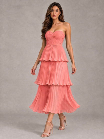 Elegant Strapless A-Line Pleated Tiered Midi-Length Wedding Guest Dress