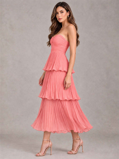 Elegant Strapless A-Line Pleated Tiered Midi-Length Wedding Guest Dress