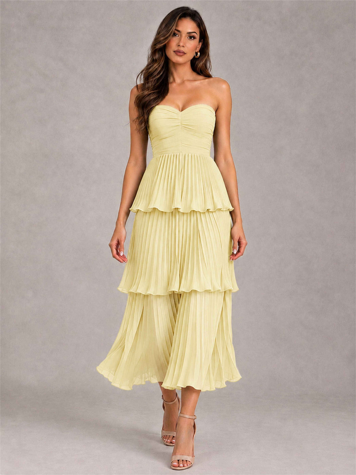 Elegant Strapless A-Line Pleated Tiered Midi-Length Wedding Guest Dress