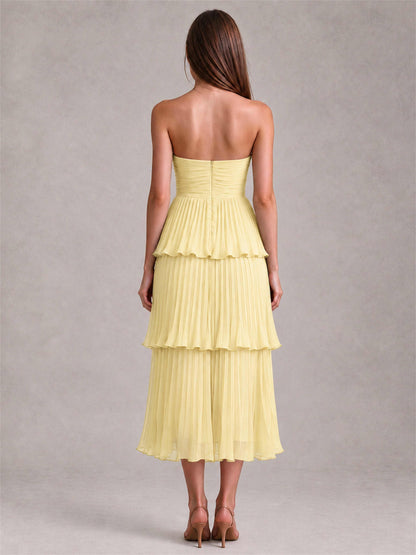 Elegant Strapless A-Line Pleated Tiered Midi-Length Wedding Guest Dress