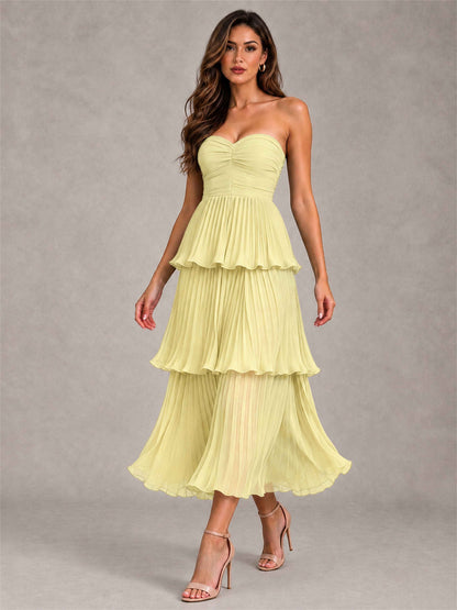 Elegant Strapless A-Line Pleated Tiered Midi-Length Wedding Guest Dress