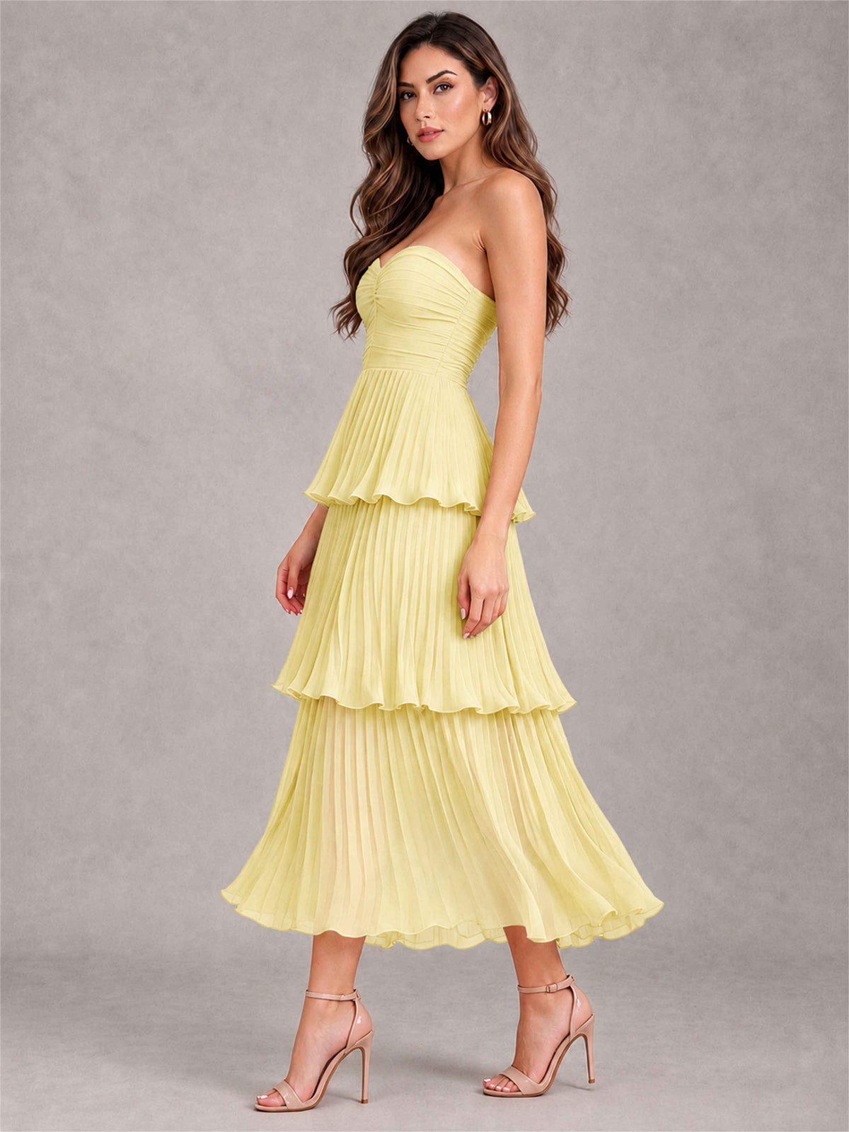 Elegant Strapless A-Line Pleated Tiered Midi-Length Wedding Guest Dress