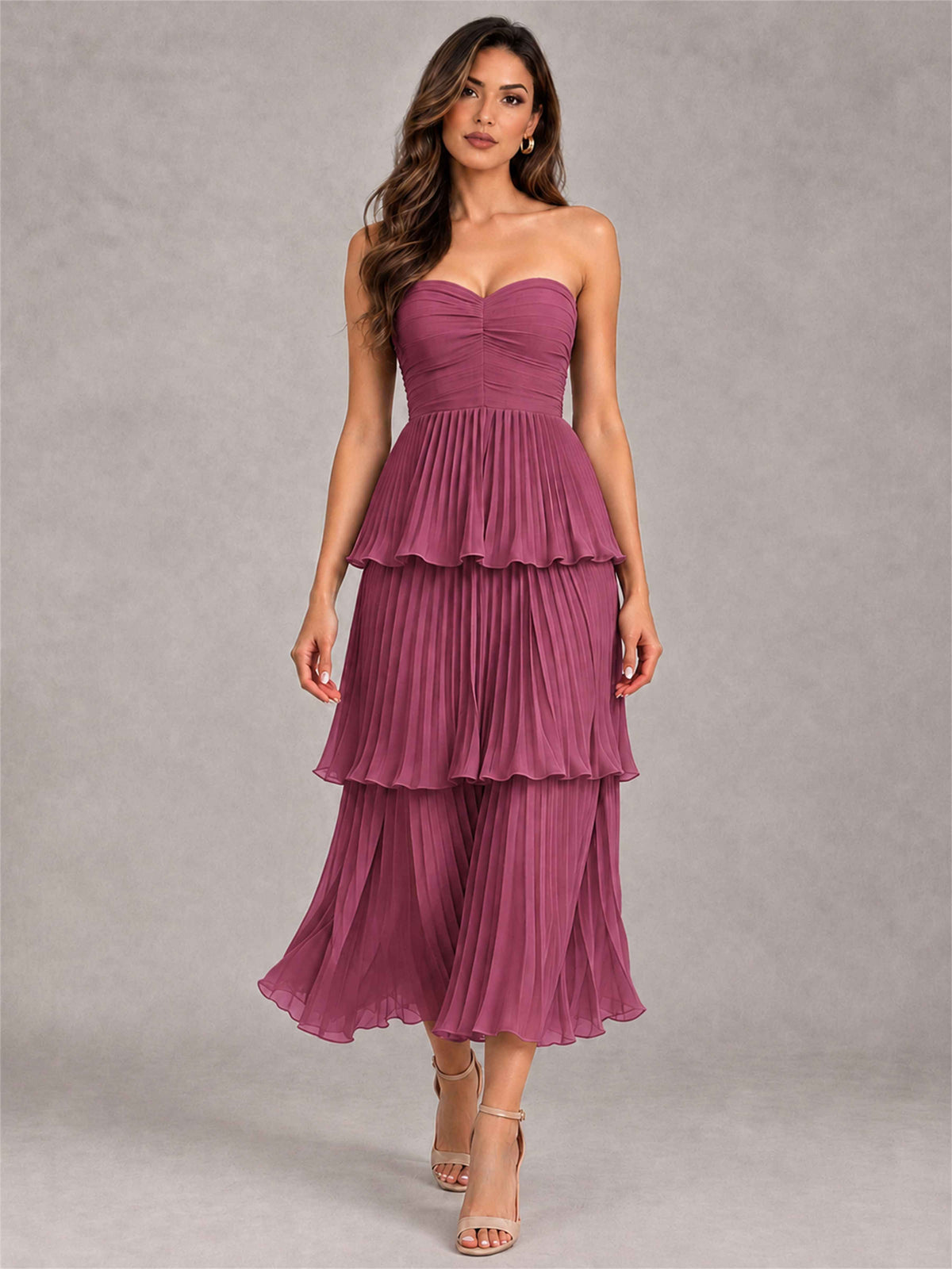 Elegant Strapless A-Line Pleated Tiered Midi-Length Wedding Guest Dress