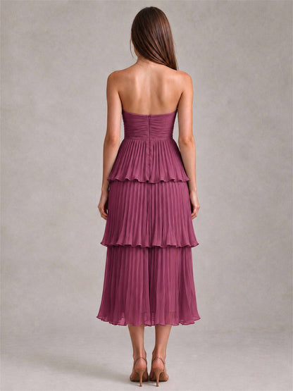 Elegant Strapless A-Line Pleated Tiered Midi-Length Wedding Guest Dress