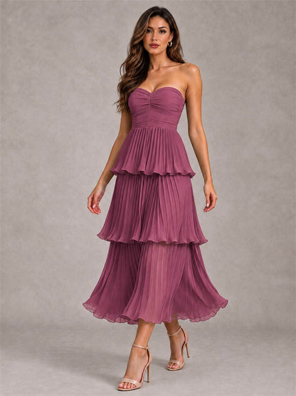 Elegant Strapless A-Line Pleated Tiered Midi-Length Wedding Guest Dress
