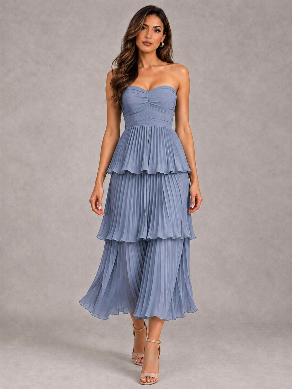 Elegant Strapless A-Line Pleated Tiered Midi-Length Wedding Guest Dress