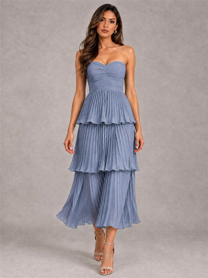 Elegant Strapless A-Line Pleated Tiered Midi-Length Wedding Guest Dress