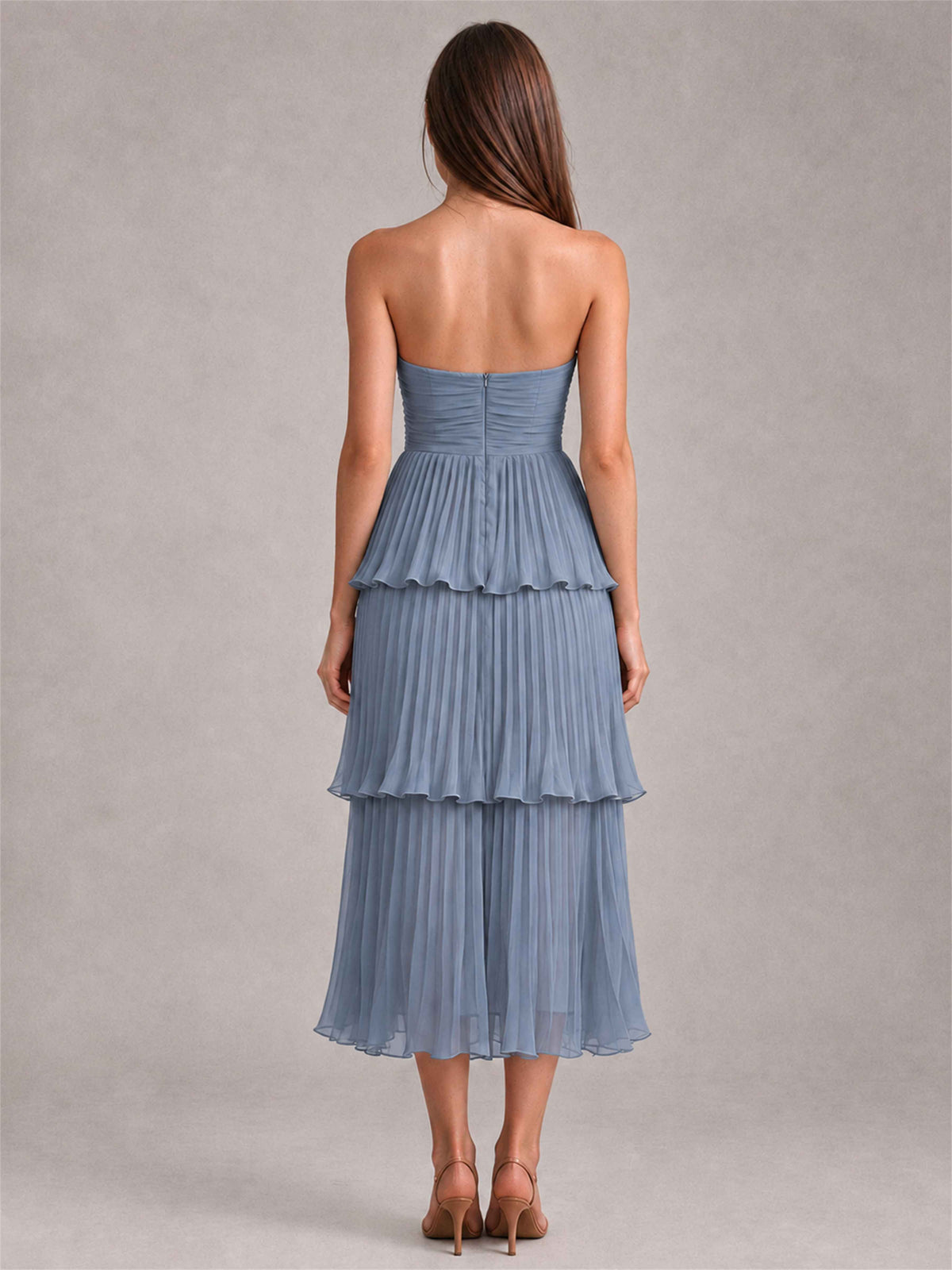 Elegant Strapless A-Line Pleated Tiered Midi-Length Wedding Guest Dress