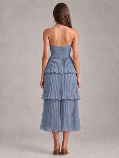 Elegant Strapless A-Line Pleated Tiered Midi-Length Wedding Guest Dress