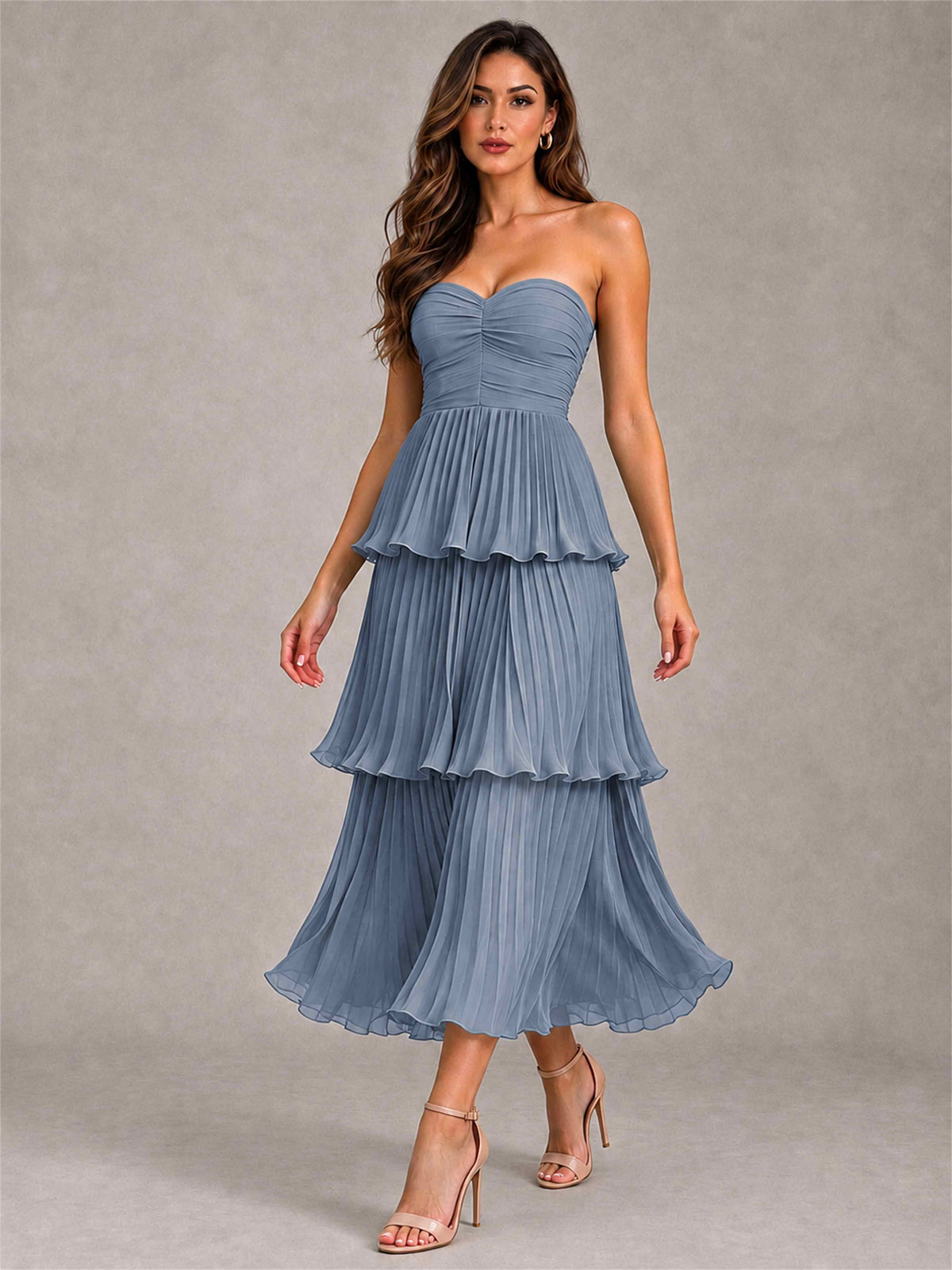 Elegant Strapless A-Line Pleated Tiered Midi-Length Wedding Guest Dress