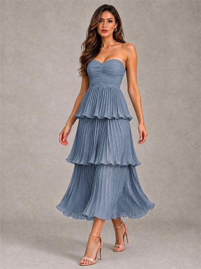 Elegant Strapless A-Line Pleated Tiered Midi-Length Wedding Guest Dress