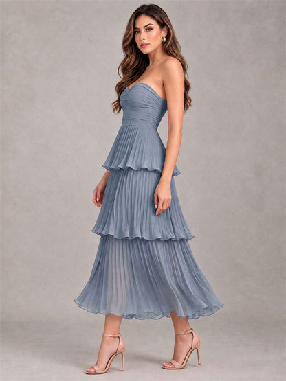 Elegant Strapless A-Line Pleated Tiered Midi-Length Wedding Guest Dress