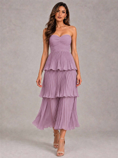 Elegant Strapless A-Line Pleated Tiered Midi-Length Wedding Guest Dress