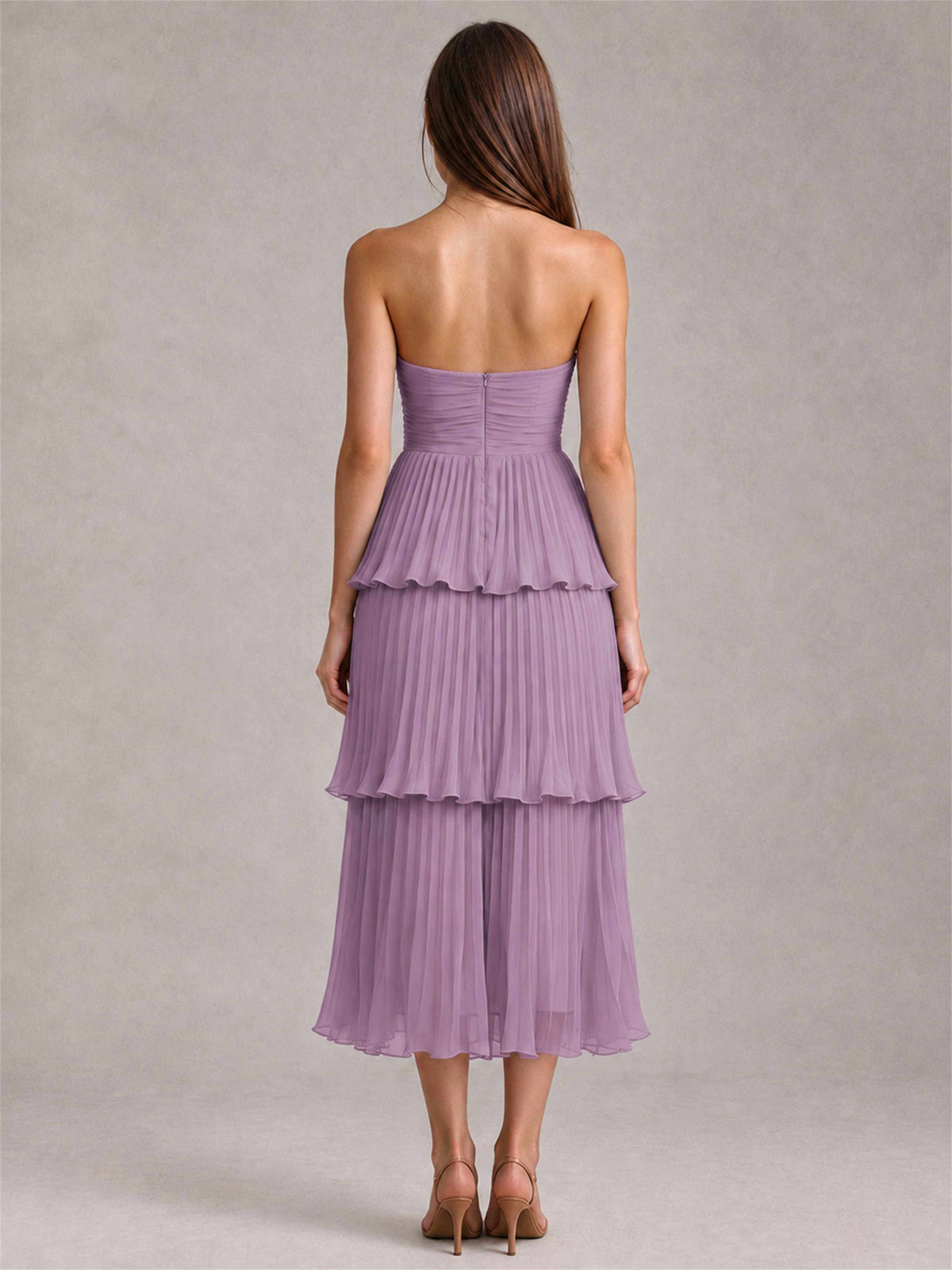 Elegant Strapless A-Line Pleated Tiered Midi-Length Wedding Guest Dress