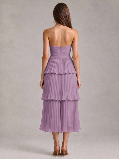 Elegant Strapless A-Line Pleated Tiered Midi-Length Wedding Guest Dress