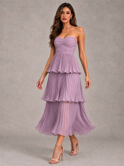 Elegant Strapless A-Line Pleated Tiered Midi-Length Wedding Guest Dress