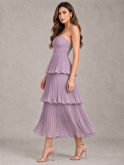 Elegant Strapless A-Line Pleated Tiered Midi-Length Wedding Guest Dress