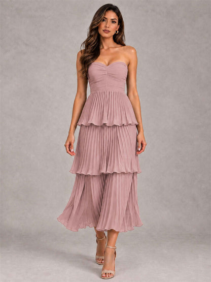 Elegant Strapless A-Line Pleated Tiered Midi-Length Wedding Guest Dress