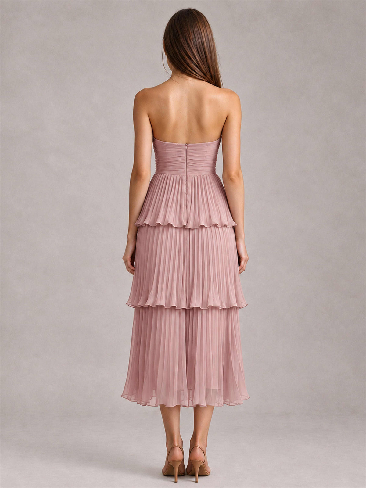 Elegant Strapless A-Line Pleated Tiered Midi-Length Wedding Guest Dress