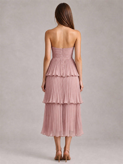 Elegant Strapless A-Line Pleated Tiered Midi-Length Wedding Guest Dress