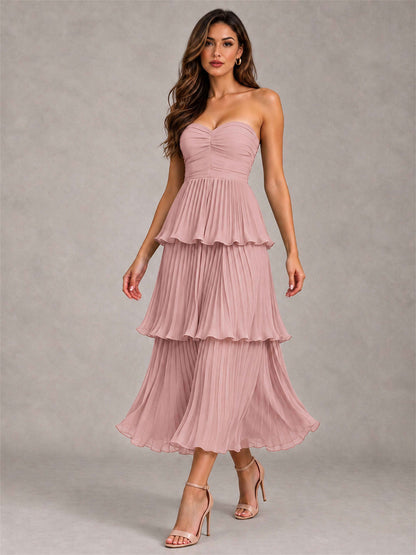 Elegant Strapless A-Line Pleated Tiered Midi-Length Wedding Guest Dress