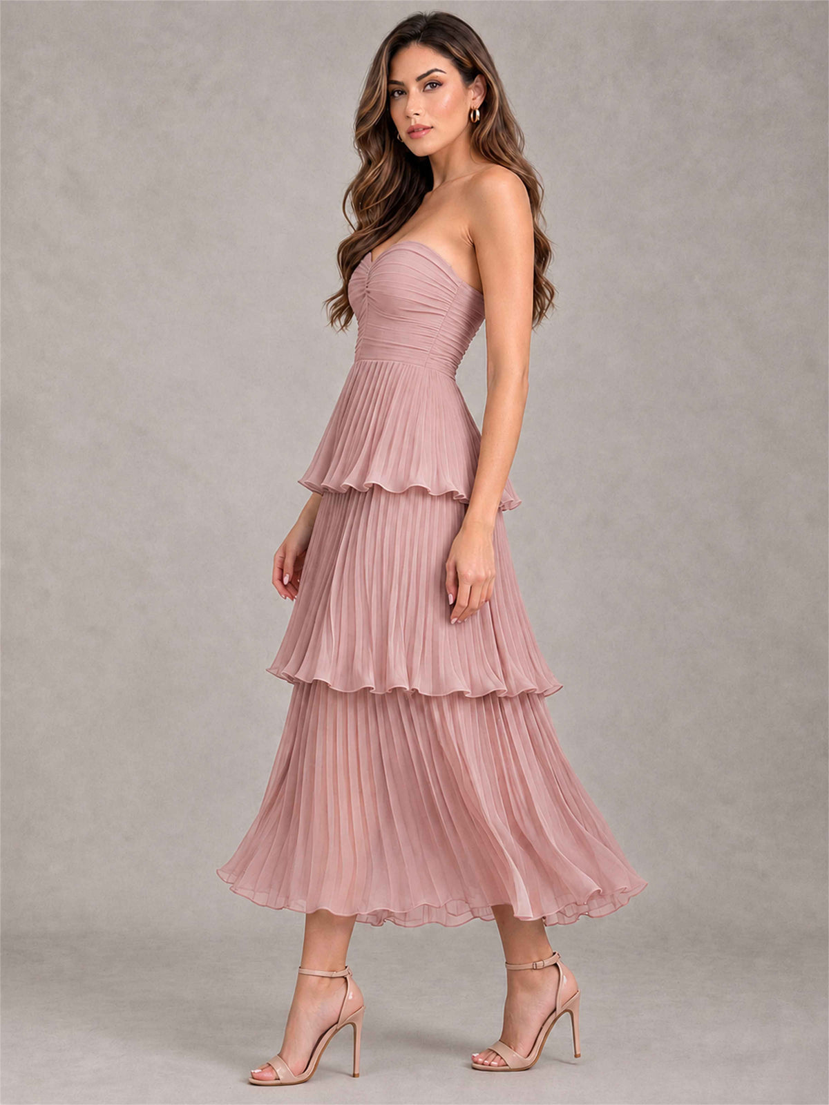 Elegant Strapless A-Line Pleated Tiered Midi-Length Wedding Guest Dress