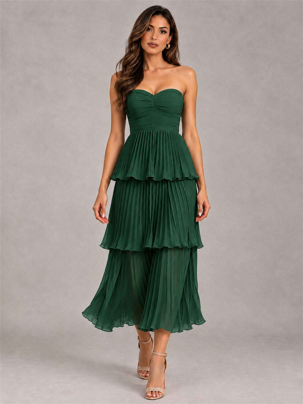 Elegant Strapless A-Line Pleated Tiered Midi-Length Wedding Guest Dress