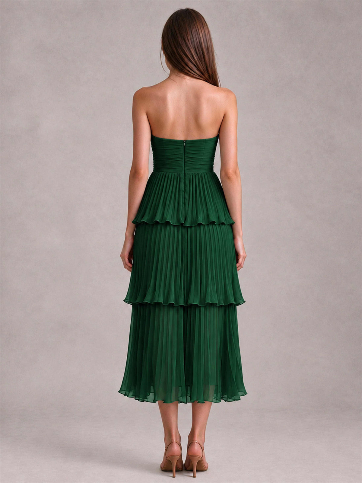 Elegant Strapless A-Line Pleated Tiered Midi-Length Wedding Guest Dress