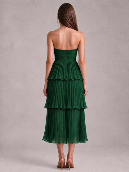 Elegant Strapless A-Line Pleated Tiered Midi-Length Wedding Guest Dress