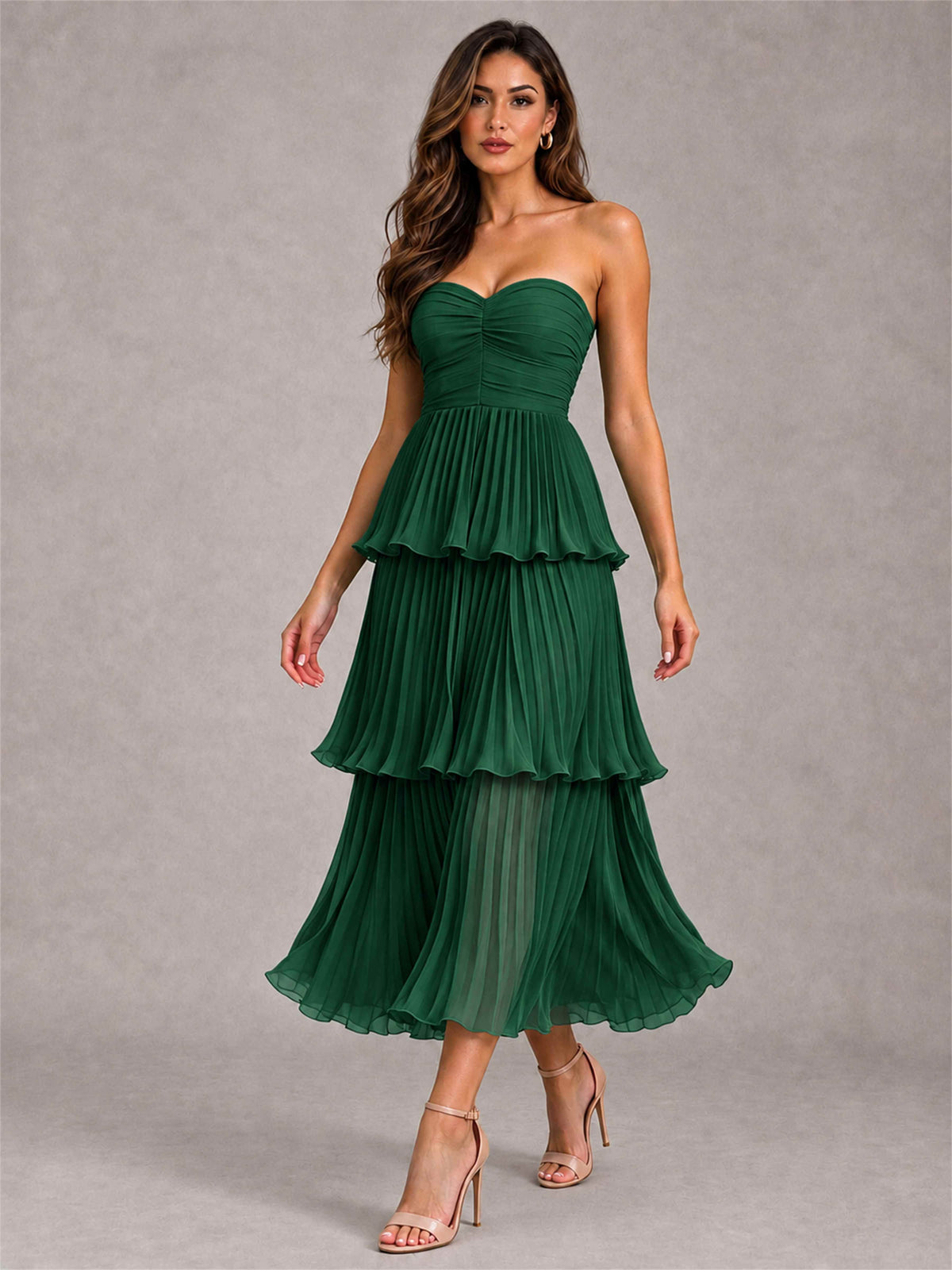 Elegant Strapless A-Line Pleated Tiered Midi-Length Wedding Guest Dress