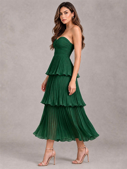 Elegant Strapless A-Line Pleated Tiered Midi-Length Wedding Guest Dress