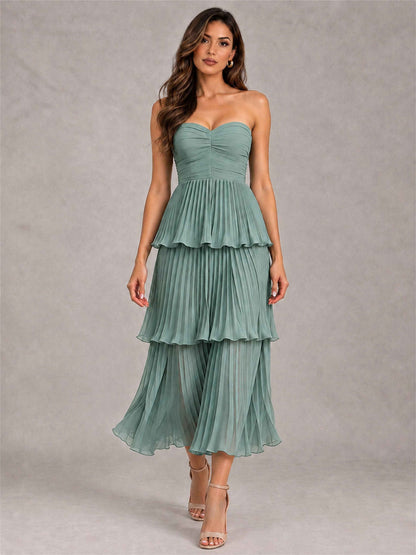 Elegant Strapless A-Line Pleated Tiered Midi-Length Wedding Guest Dress