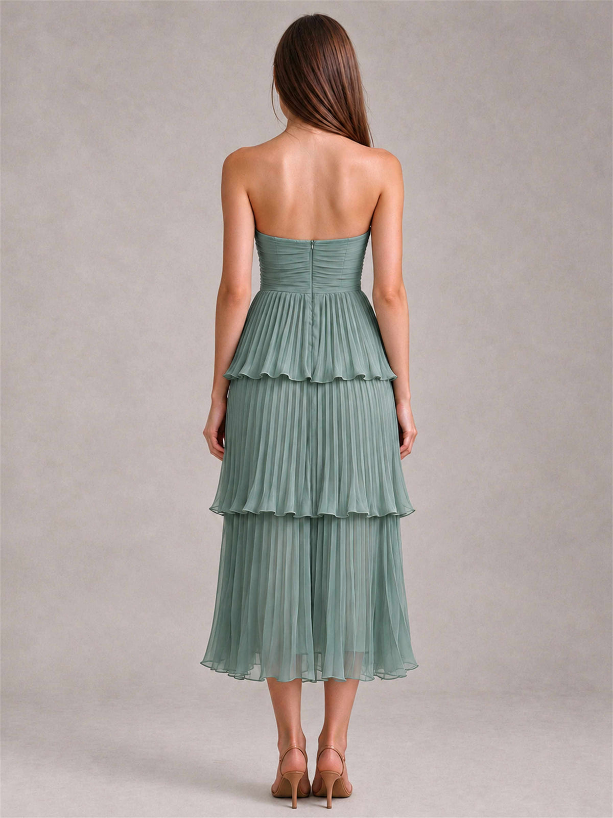 Elegant Strapless A-Line Pleated Tiered Midi-Length Wedding Guest Dress
