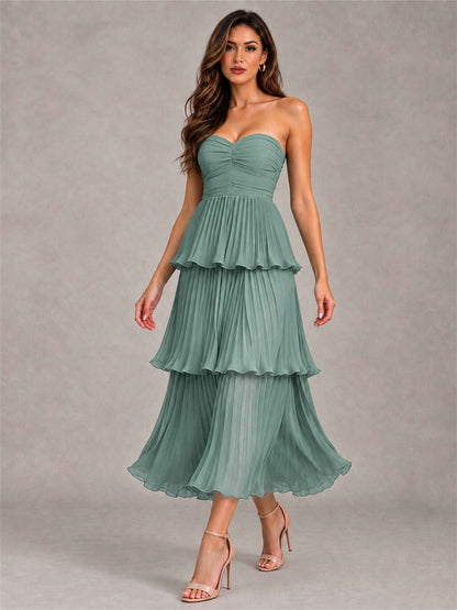Elegant Strapless A-Line Pleated Tiered Midi-Length Wedding Guest Dress