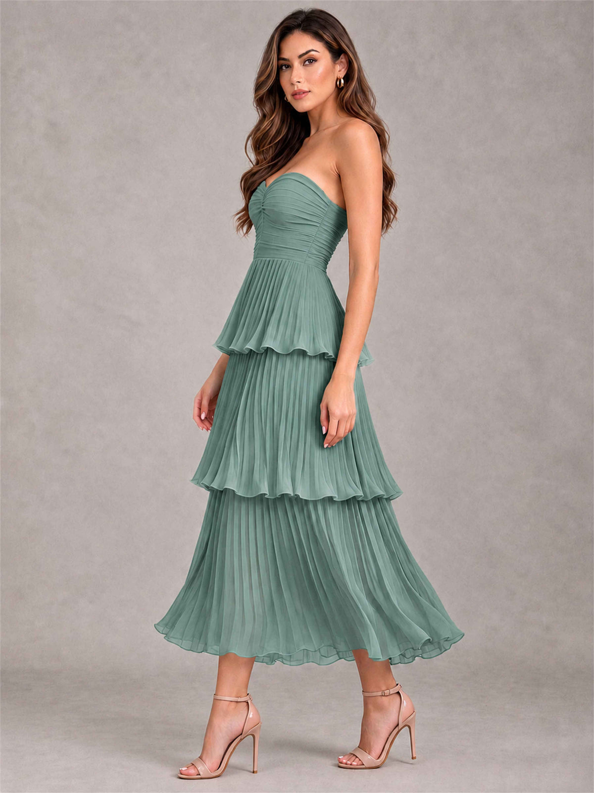 Elegant Strapless A-Line Pleated Tiered Midi-Length Wedding Guest Dress