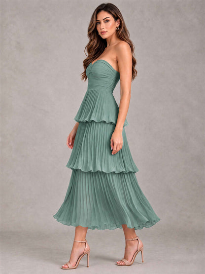 Elegant Strapless A-Line Pleated Tiered Midi-Length Wedding Guest Dress