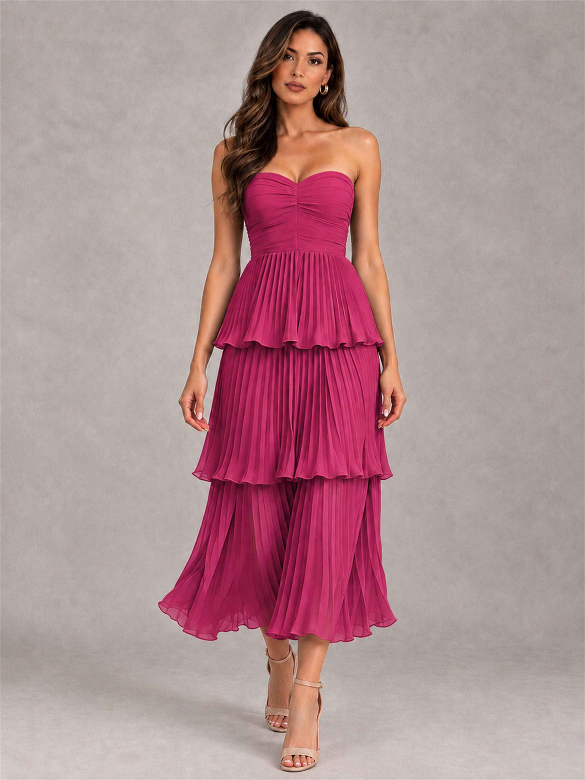 Elegant Strapless A-Line Pleated Tiered Midi-Length Wedding Guest Dress