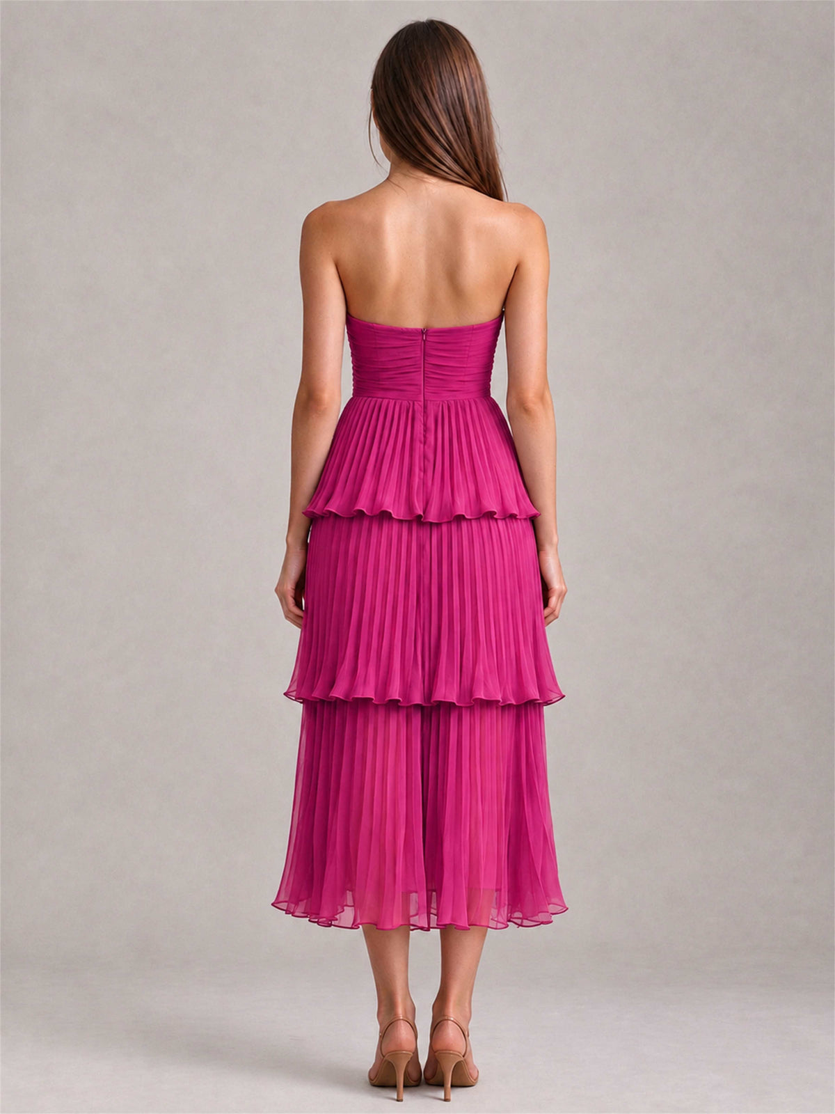 Elegant Strapless A-Line Pleated Tiered Midi-Length Wedding Guest Dress