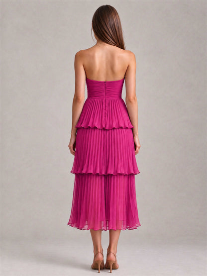 Elegant Strapless A-Line Pleated Tiered Midi-Length Wedding Guest Dress