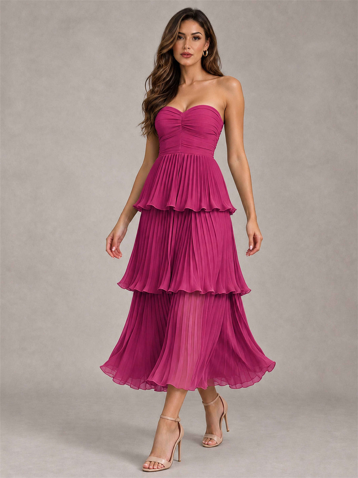 Elegant Strapless A-Line Pleated Tiered Midi-Length Wedding Guest Dress