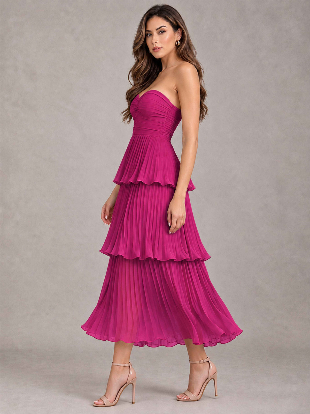 Elegant Strapless A-Line Pleated Tiered Midi-Length Wedding Guest Dress