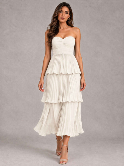 Elegant Strapless A-Line Pleated Tiered Midi-Length Wedding Guest Dress