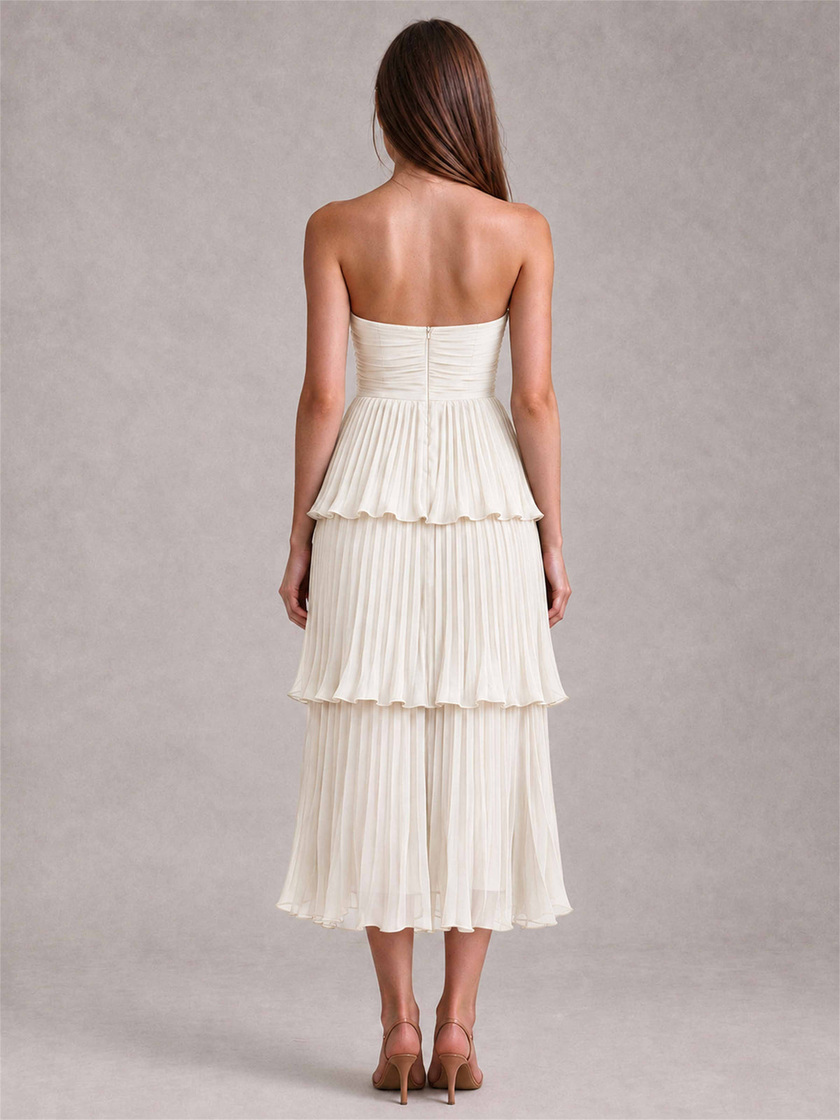 Elegant Strapless A-Line Pleated Tiered Midi-Length Wedding Guest Dress