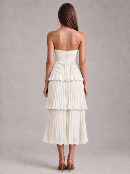 Elegant Strapless A-Line Pleated Tiered Midi-Length Wedding Guest Dress