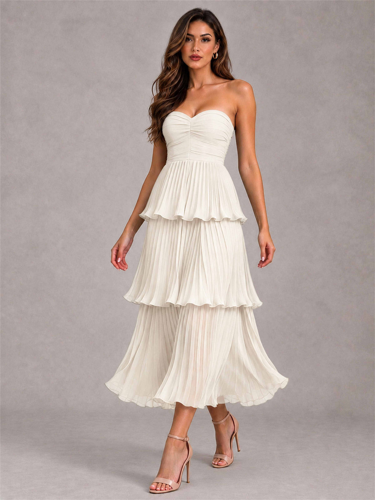Elegant Strapless A-Line Pleated Tiered Midi-Length Wedding Guest Dress